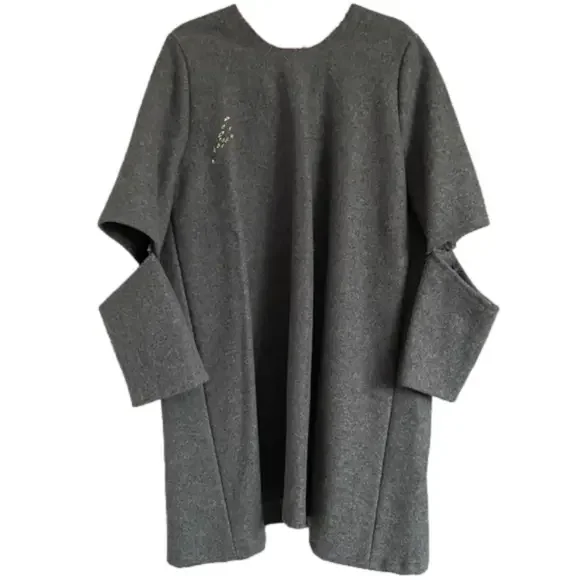 Handmade Gray Wool Elbow Cut-Out Embroidered Mid-Length Coat - 6/8, M, OOAK! - Picture 11 of 14